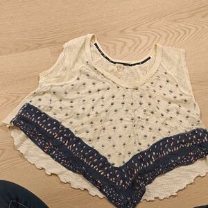Free People Cream and Blue Patterned Top